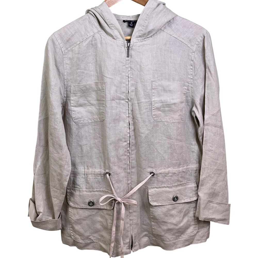 VTG Willi Smith Tan LINEN Hooded Full Zip Anorak Safari Jacket Size Medium
